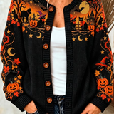 Leona | Von Halloween inspirierter Strick-Cardigan mit schwarzem Katzen- und Kürbis-Kunstmuster