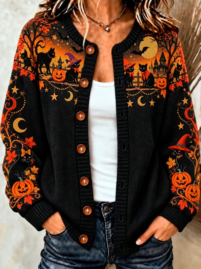 Leona | Von Halloween inspirierter Strick-Cardigan mit schwarzem Katzen- und Kürbis-Kunstmuster