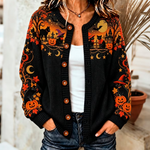 Leona | Von Halloween inspirierter Strick-Cardigan mit schwarzem Katzen- und Kürbis-Kunstmuster