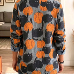 Liana | Halloween-inspirierte, gespleißte Denim-Blazerjacke mit Reversknopf und Kürbis-schwarzer Katze