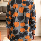 Liana | Halloween-inspirierte, gespleißte Denim-Blazerjacke mit Reversknopf und Kürbis-schwarzer Katze