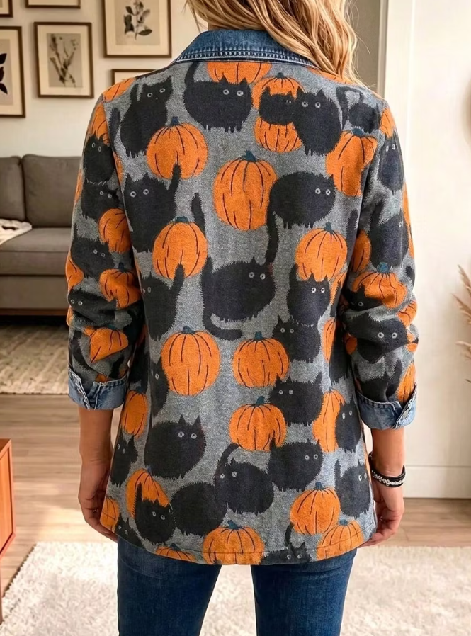 Liana | Halloween-inspirierte, gespleißte Denim-Blazerjacke mit Reversknopf und Kürbis-schwarzer Katze