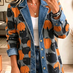 Liana | Halloween-inspirierte, gespleißte Denim-Blazerjacke mit Reversknopf und Kürbis-schwarzer Katze
