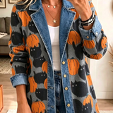 Liana | Halloween-inspirierte, gespleißte Denim-Blazerjacke mit Reversknopf und Kürbis-schwarzer Katze
