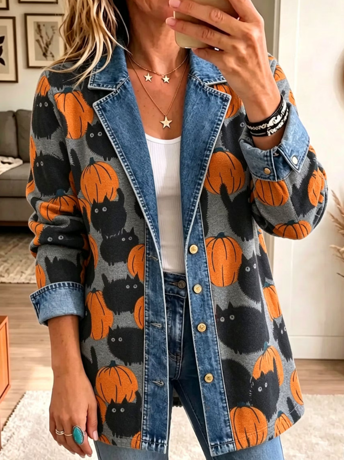 Liana | Halloween-inspirierte, gespleißte Denim-Blazerjacke mit Reversknopf und Kürbis-schwarzer Katze