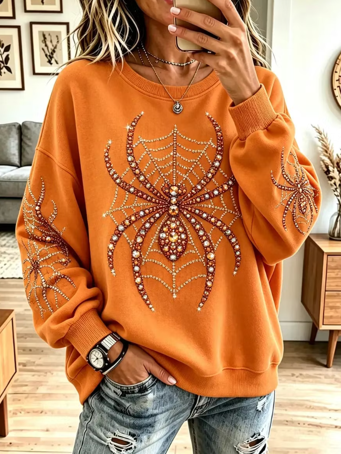 Lilia | Vintage Halloween-inspiriertes Spinnenmuster Shiny Art Stilvolles Langarm-Sweatshirt