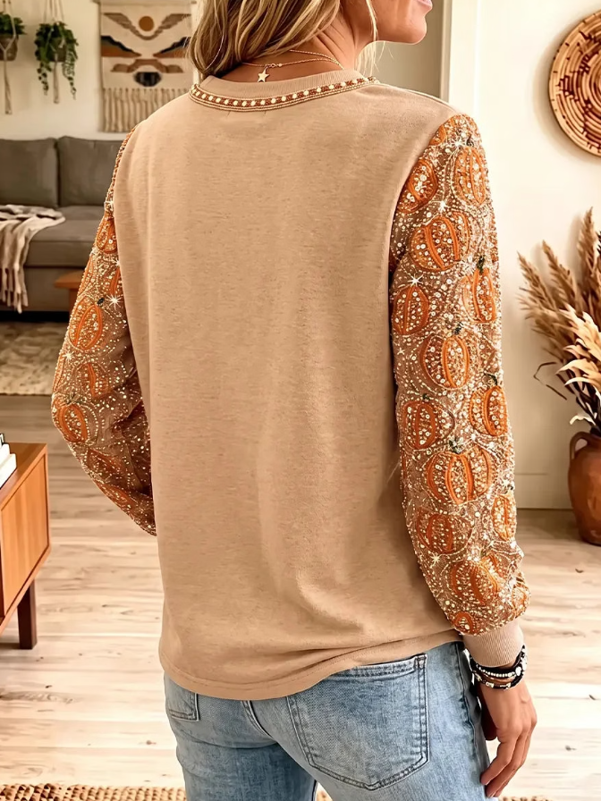 Linda | Vintage elegantes, funkelndes Halloween-inspiriertes Farbblock-Sweatshirt