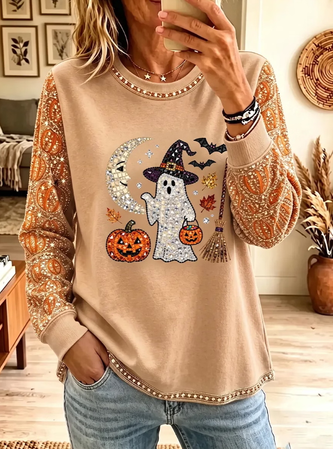 Linda | Vintage elegantes, funkelndes Halloween-inspiriertes Farbblock-Sweatshirt