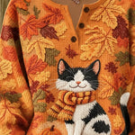 Luciana | Halloween Lässiges Katzen-Henley-Kragen-Langarm-Sweatshirt