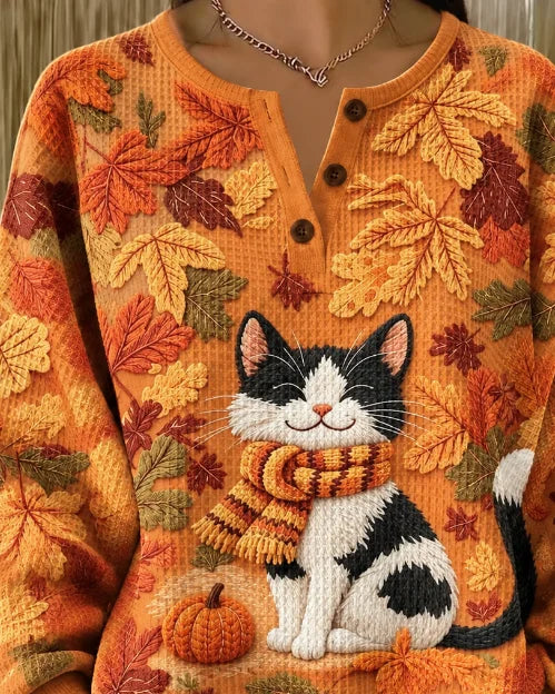 Luciana | Halloween Lässiges Katzen-Henley-Kragen-Langarm-Sweatshirt