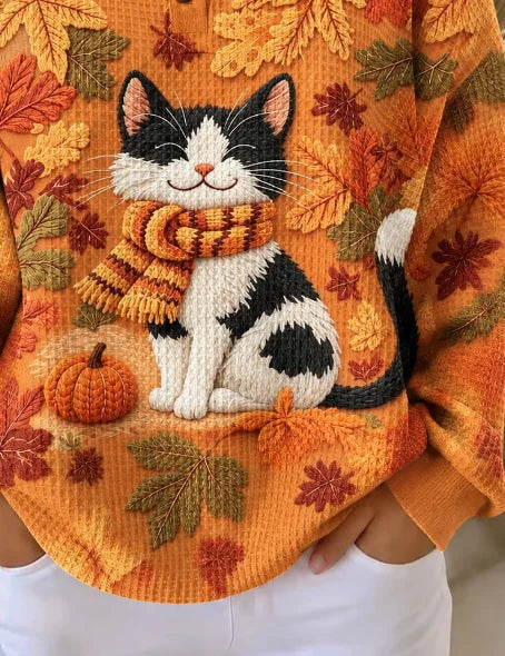 Luciana | Halloween Lässiges Katzen-Henley-Kragen-Langarm-Sweatshirt