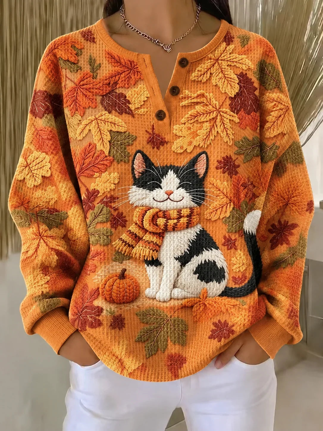 Luciana | Halloween Lässiges Katzen-Henley-Kragen-Langarm-Sweatshirt