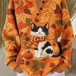 Luciana | Halloween Lässiges Katzen-Henley-Kragen-Langarm-Sweatshirt