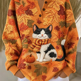 Luciana | Halloween Lässiges Katzen-Henley-Kragen-Langarm-Sweatshirt