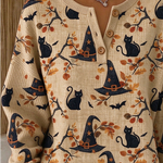 Lucille | Halloween Vintage Cat Henley Kragen Langarm Sweatshirt
