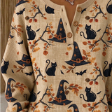 Lucille | Halloween Vintage Cat Henley Kragen Langarm Sweatshirt