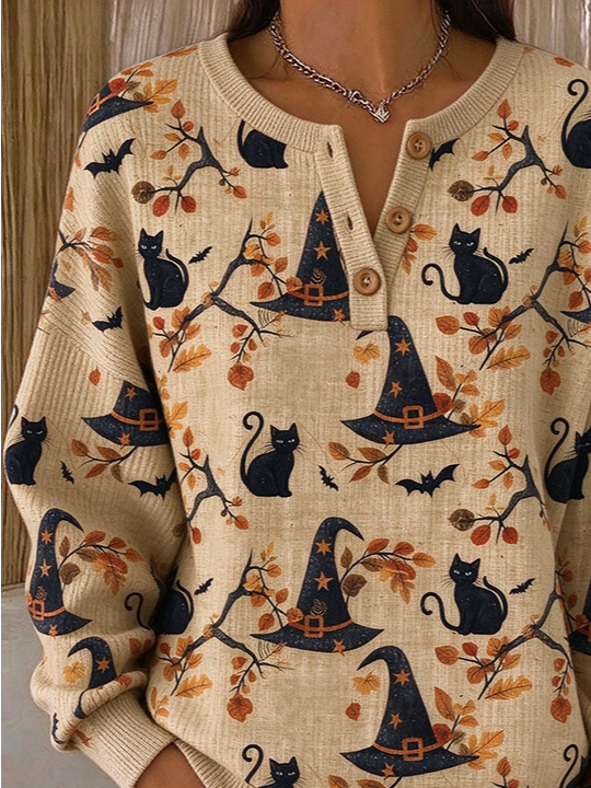 Lucille | Halloween Vintage Cat Henley Kragen Langarm Sweatshirt