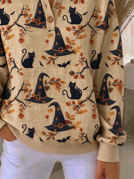 Lucille | Halloween Vintage Cat Henley Kragen Langarm Sweatshirt