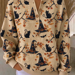 Lucille | Halloween Vintage Cat Henley Kragen Langarm Sweatshirt