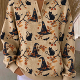 Lucille | Halloween Vintage Cat Henley Kragen Langarm Sweatshirt
