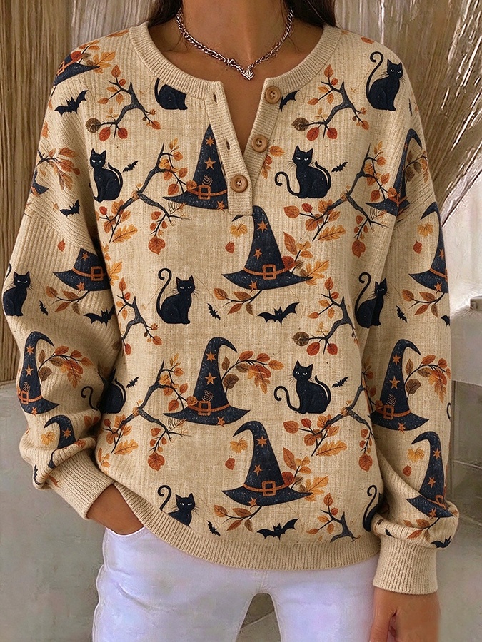Lucille | Halloween Vintage Cat Henley Kragen Langarm Sweatshirt