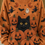 Magdalena | Halloween Lässiges Katzen-Langarm-Sweatshirt mit Rundhalsausschnitt