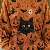 Magdalena | Halloween Lässiges Katzen-Langarm-Sweatshirt mit Rundhalsausschnitt