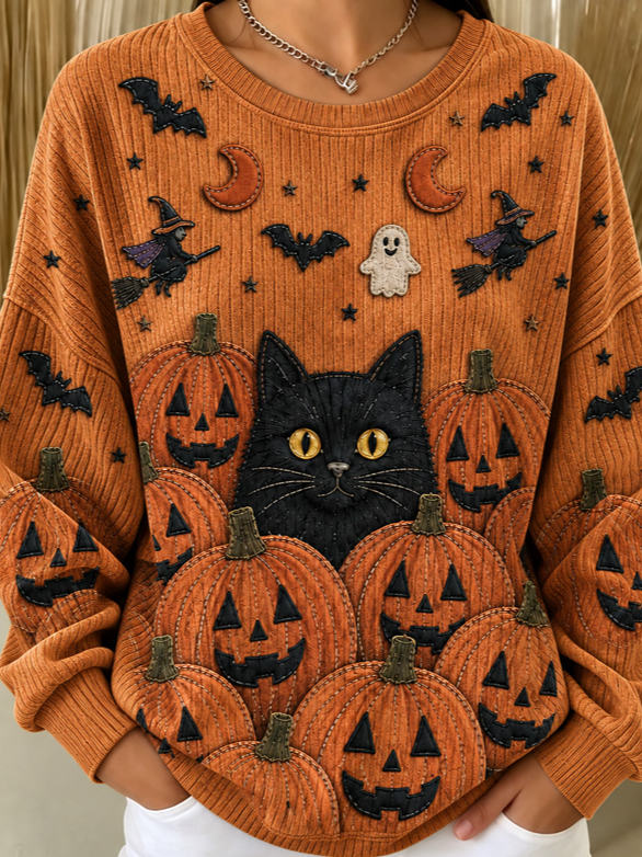 Magdalena | Halloween Lässiges Katzen-Langarm-Sweatshirt mit Rundhalsausschnitt
