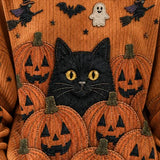Magdalena | Halloween Lässiges Katzen-Langarm-Sweatshirt mit Rundhalsausschnitt