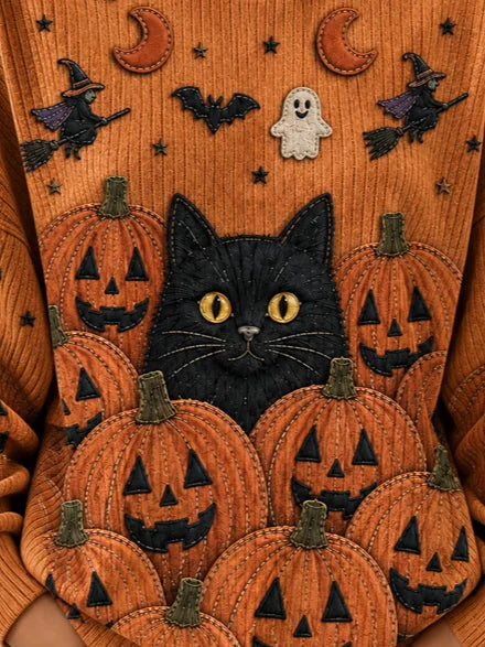 Magdalena | Halloween Lässiges Katzen-Langarm-Sweatshirt mit Rundhalsausschnitt