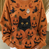 Magdalena | Halloween Lässiges Katzen-Langarm-Sweatshirt mit Rundhalsausschnitt