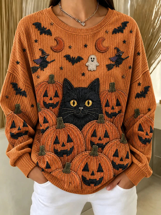 Magdalena | Halloween Lässiges Katzen-Langarm-Sweatshirt mit Rundhalsausschnitt