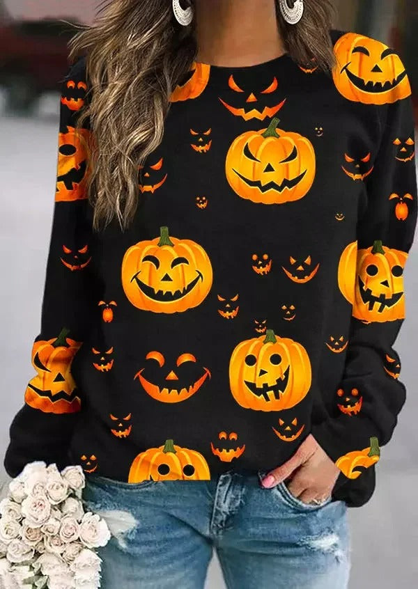 Elsie | Loses Rundhals-Sweatshirt mit Halloween-inspiriertem Kürbis-Print