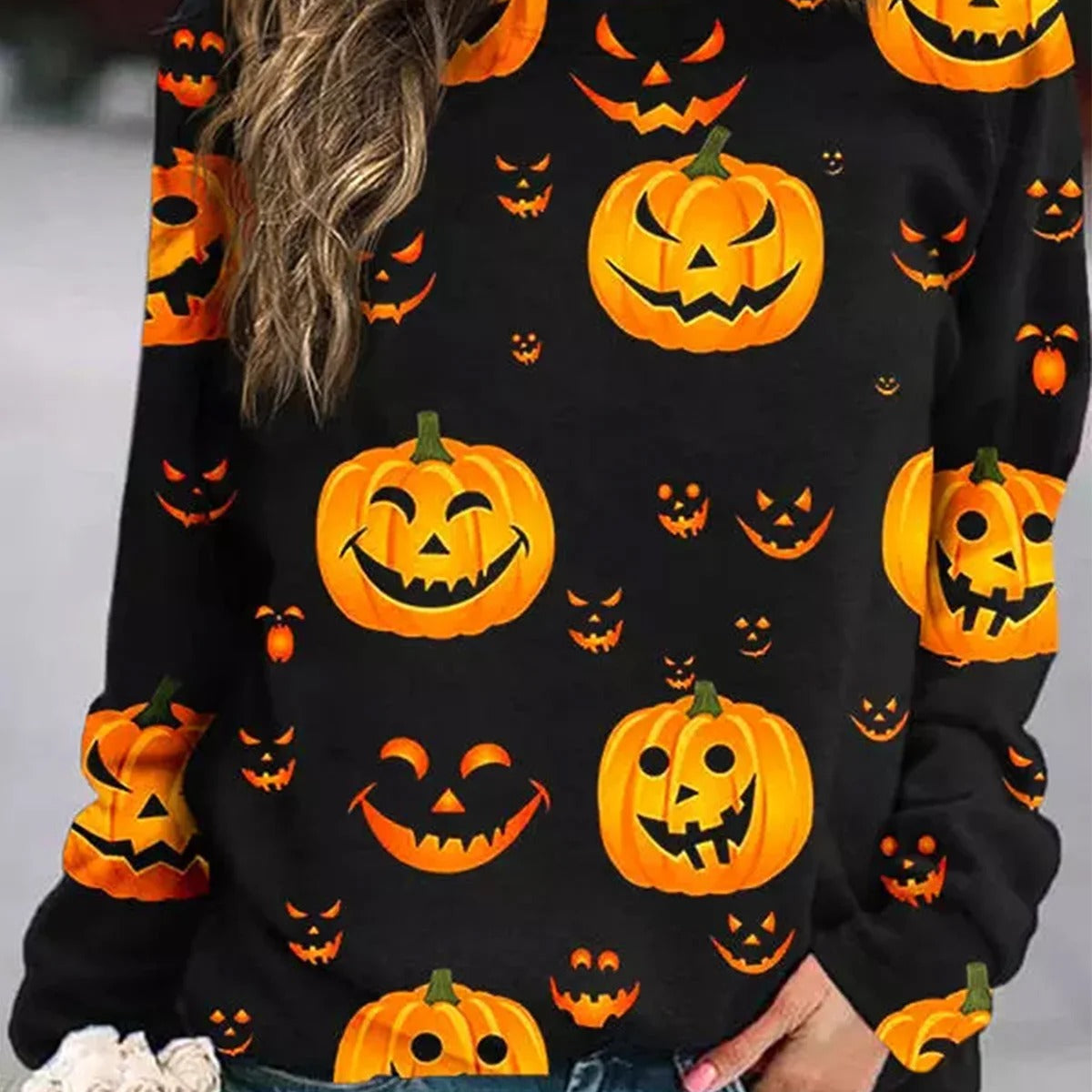 Elsie | Loses Rundhals-Sweatshirt mit Halloween-inspiriertem Kürbis-Print