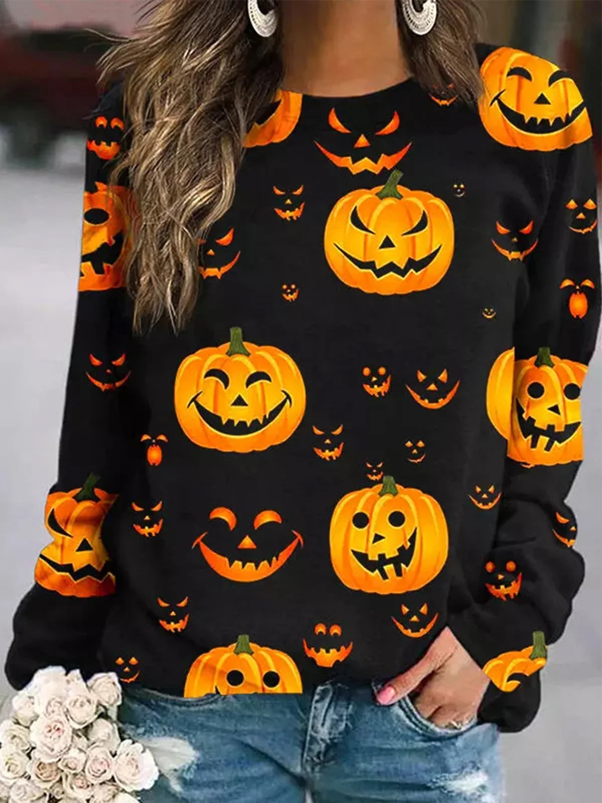 Elsie | Loses Rundhals-Sweatshirt mit Halloween-inspiriertem Kürbis-Print