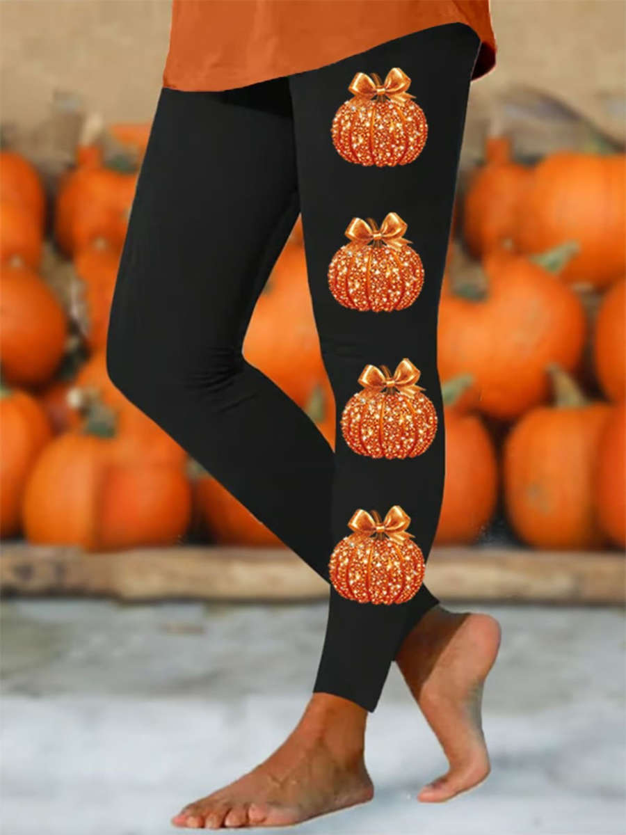 Adeline | Halloween-inspirierte Leggings mit schwarzem Schleife-Kürbis-Print und hoher Taille