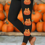 Adeline | Halloween-inspirierte Leggings mit schwarzem Schleife-Kürbis-Print und hoher Taille