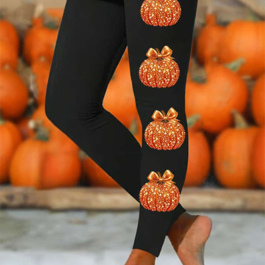 Adeline | Halloween-inspirierte Leggings mit schwarzem Schleife-Kürbis-Print und hoher Taille