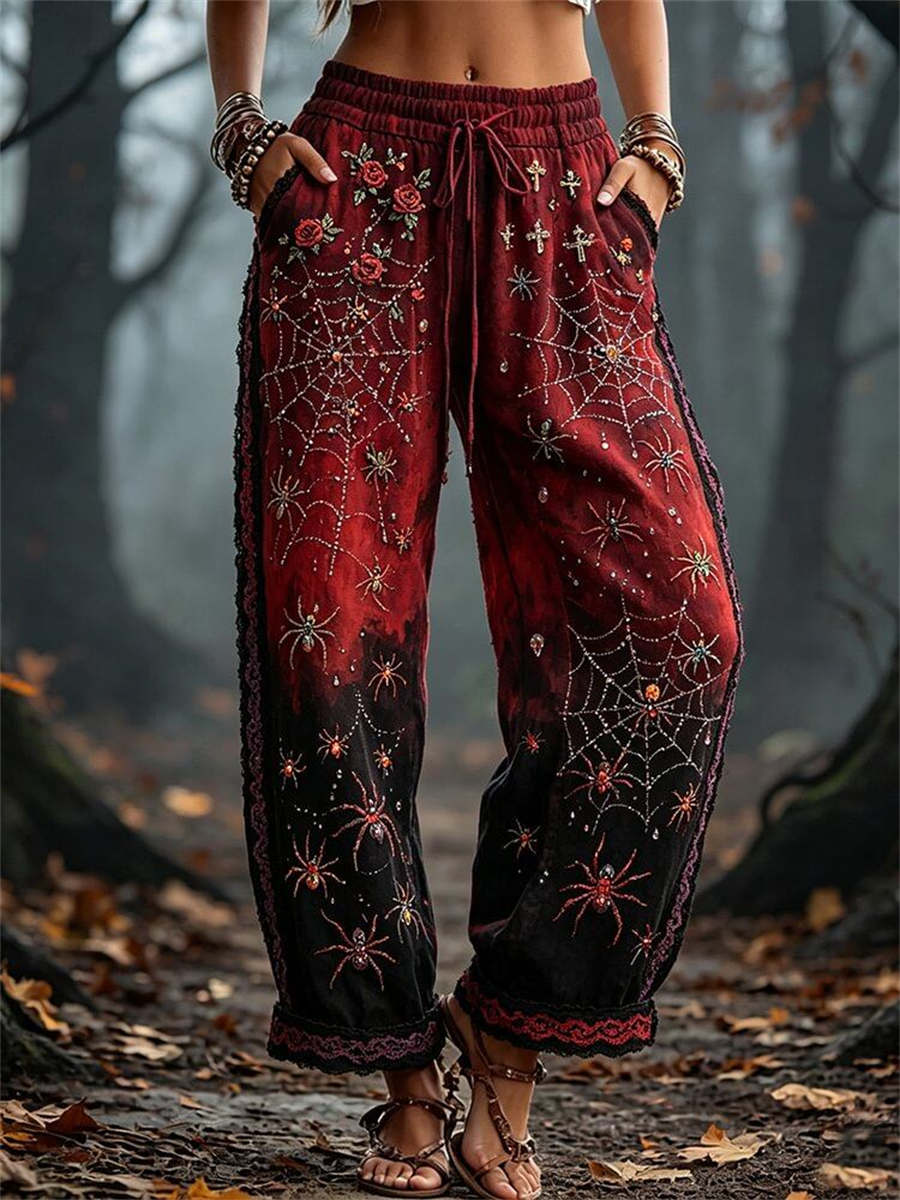 Holly | Halloween-inspirierte lange Hose mit rot-schwarzem Spinnennetz-Rosen-Print, Kordelzug und elastischer Taille