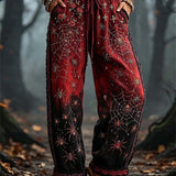 Holly | Halloween-inspirierte lange Hose mit rot-schwarzem Spinnennetz-Rosen-Print, Kordelzug und elastischer Taille
