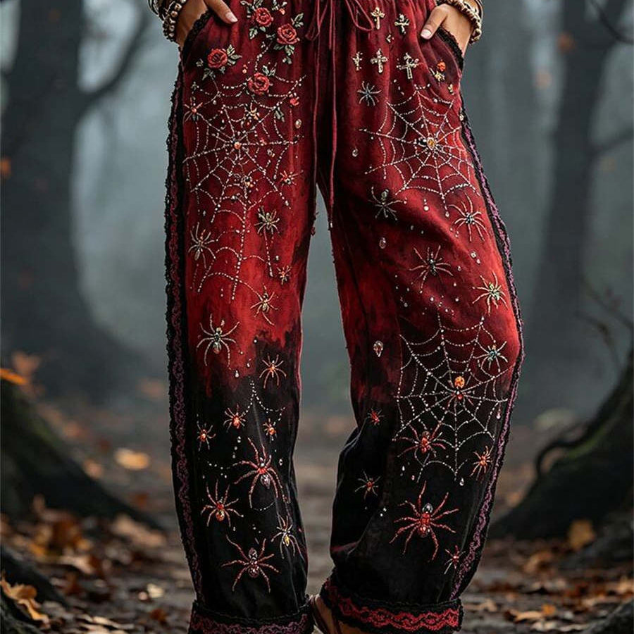 Holly | Halloween-inspirierte lange Hose mit rot-schwarzem Spinnennetz-Rosen-Print, Kordelzug und elastischer Taille