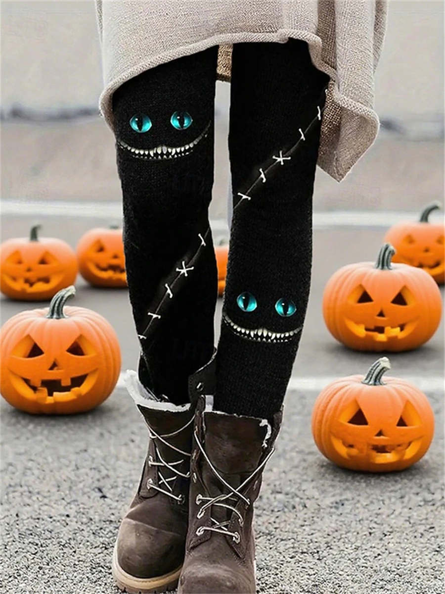 Sienna | Halloween-inspirierte schwarze lange Leggings mit Monstergesichts-Stichdruck und hoher Taille