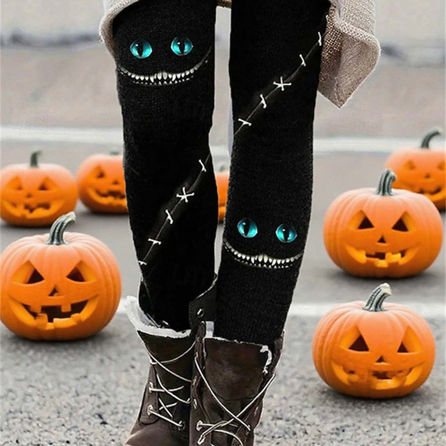 Sienna | Halloween-inspirierte schwarze lange Leggings mit Monstergesichts-Stichdruck und hoher Taille