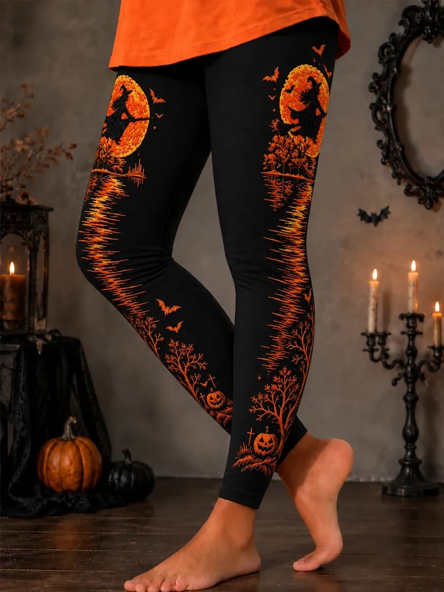 Ophelia | Halloween-inspirierte lange Leggings mit schwarzem Hexen-Mond-Fledermaus-Kürbis-Print und hoher Taille