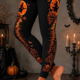 Ophelia | Halloween-inspirierte lange Leggings mit schwarzem Hexen-Mond-Fledermaus-Kürbis-Print und hoher Taille