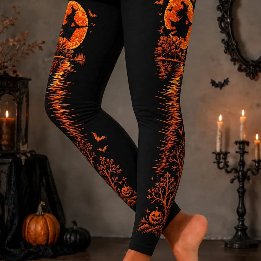 Ophelia | Halloween-inspirierte lange Leggings mit schwarzem Hexen-Mond-Fledermaus-Kürbis-Print und hoher Taille