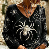 Matilda | Halloween-inspirierte schwarze Langarmbluse mit Spinnennetz-Perlenmuster und V-Ausschnitt