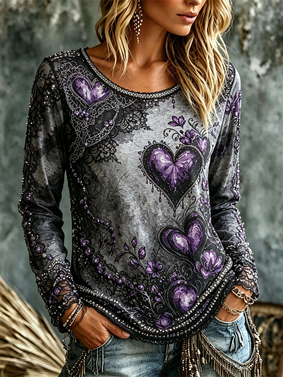 Joanna | Von Halloween inspiriertes grau-lila Herz-Blumen-Spitzen-Spleiß-Langarm-Oberteil mit Rundhalsausschnitt