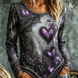 Joanna | Von Halloween inspiriertes grau-lila Herz-Blumen-Spitzen-Spleiß-Langarm-Oberteil mit Rundhalsausschnitt