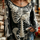 Lara | Von Halloween inspirierte, schwarze, langärmlige Bluse mit Skelett-Rosen-Blumenmuster, Spitze und U-Ausschnitt
